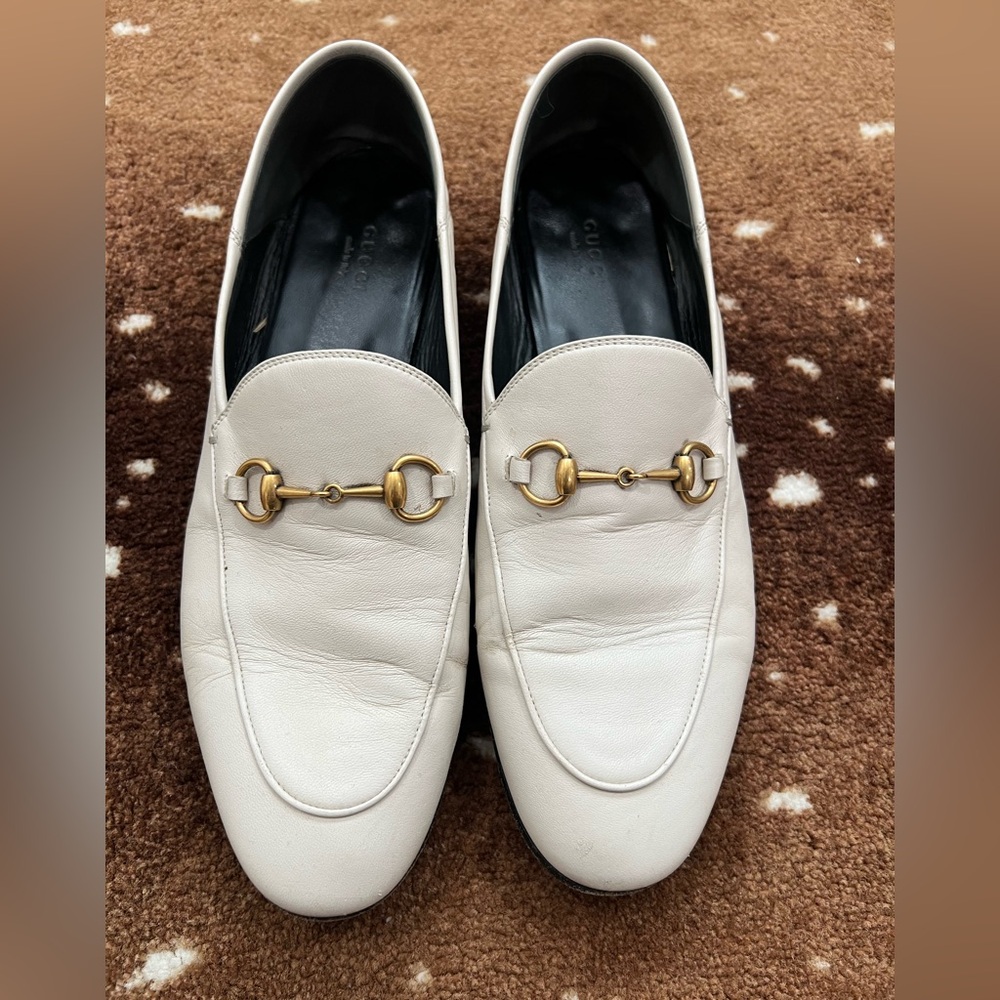Gucci Cream Jordaan Horsebit Leather Loafers with Gold Accents